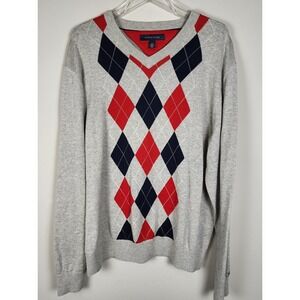 Tommy Hilfiger Men's V-Neck Argyle Sweater Gray Red Black Size L Acadamia Cotton